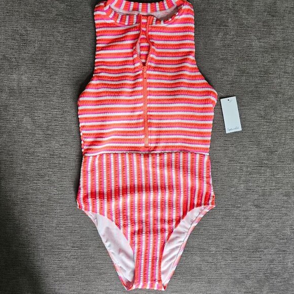 Splendid Orange Pink Seersucker Stripe Zip Front One-Piece Swimsuit Size Small